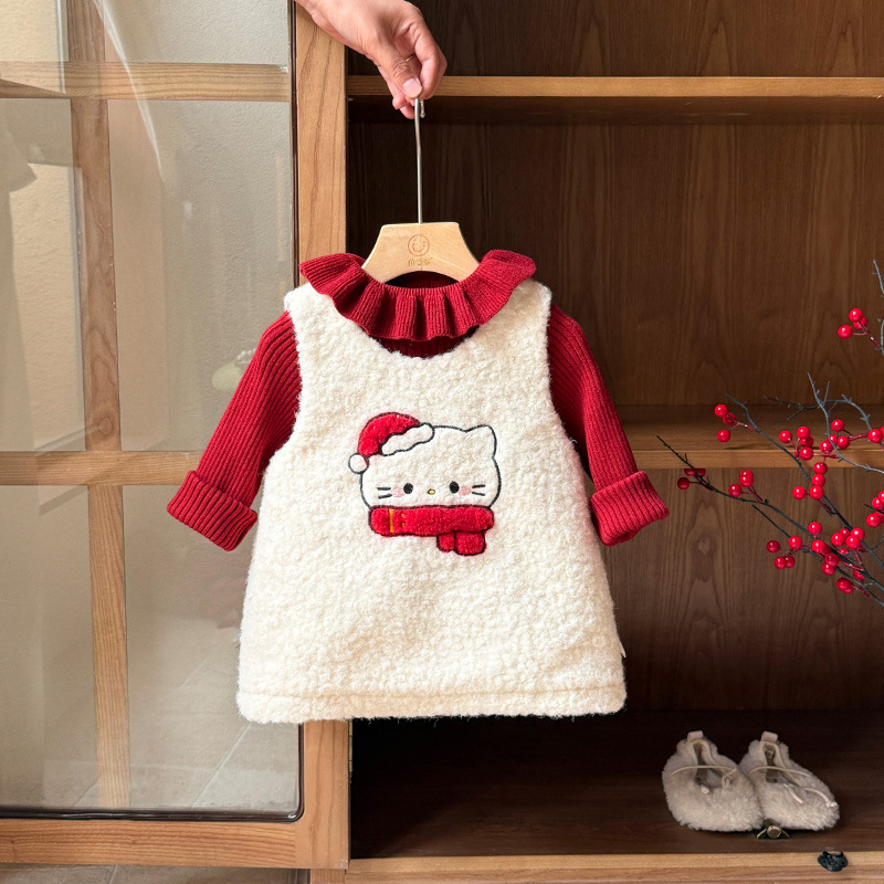 婴儿衣服冬季女宝宝连衣裙毛衣套装加厚可爱夹棉一岁秋冬款两件套