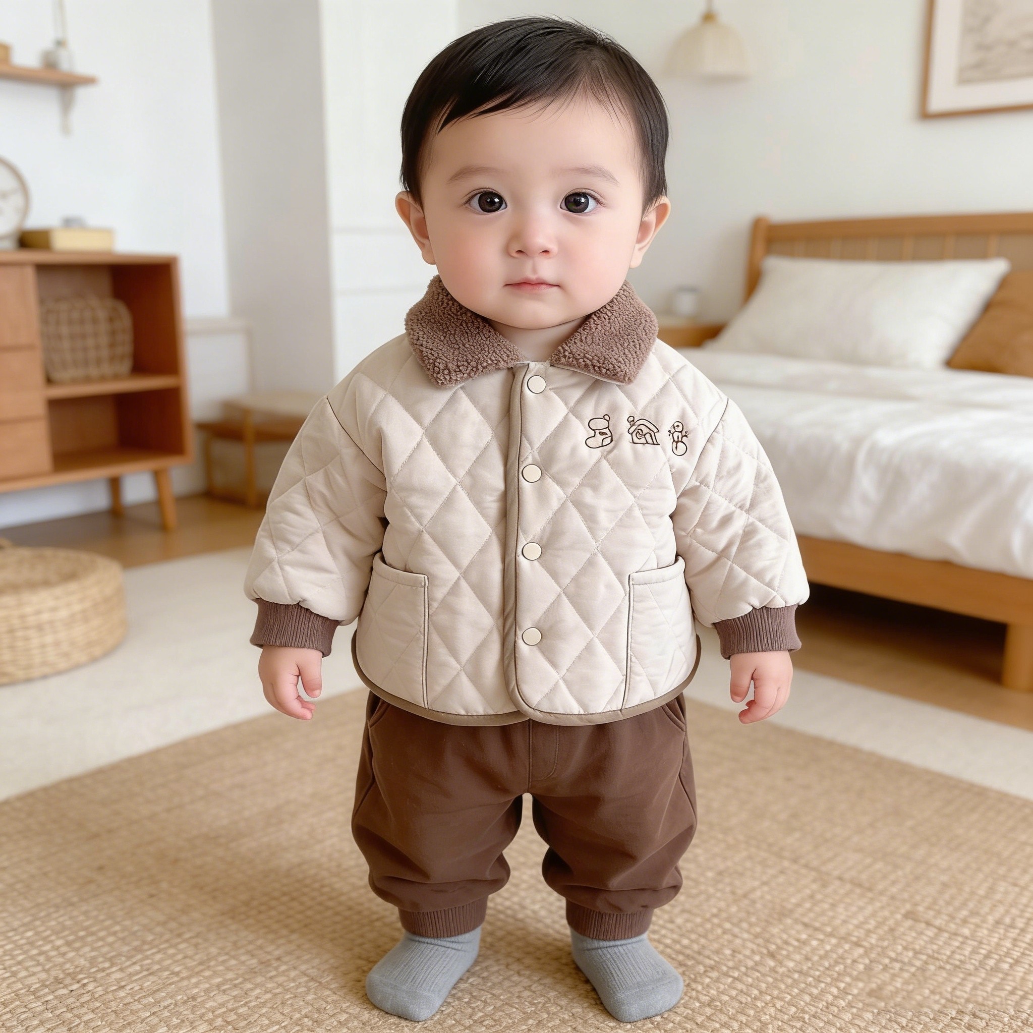 男童毛毛领棉服小左小右冬季儿童韩版绗线夹棉外套宝宝时尚棉衣潮