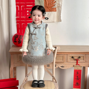 女童冬季新款婴幼儿加绒加厚新中式背心裙套装女宝拼纱旗袍两件套