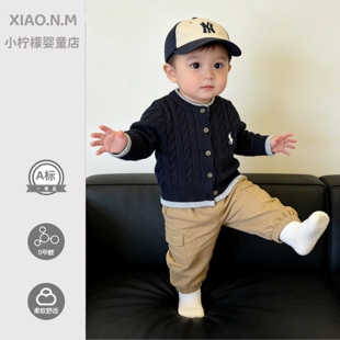 婴儿开衫毛衣男宝宝衣服春装超韩洋气拼色针织衫春款外出服周岁潮