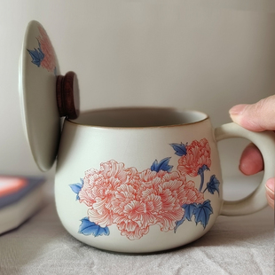 陶瓷马克杯带盖女士办公室水杯好看家用高档汝窑杯子茶水分离茶杯