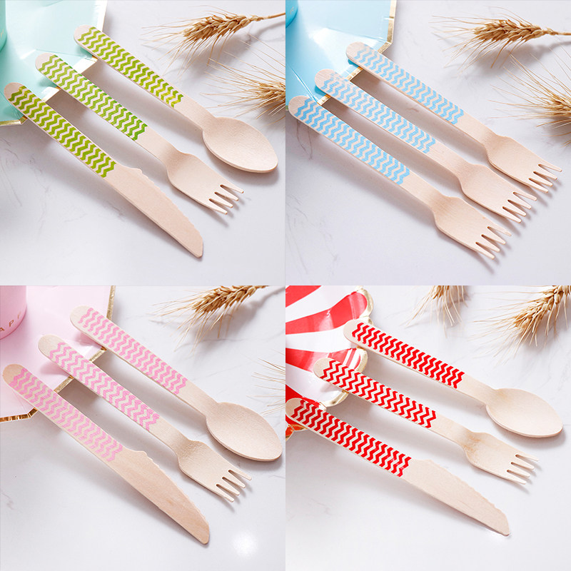 Runlux一次性木质刀叉勺 木质餐具 野餐户外派对甜品台用具波浪纹