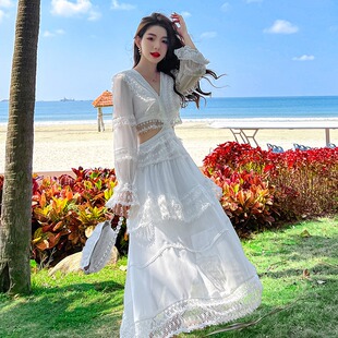 夏季2023新款长袖白色性感露背超仙雪纺蕾丝仙女裙旅游度假连衣裙