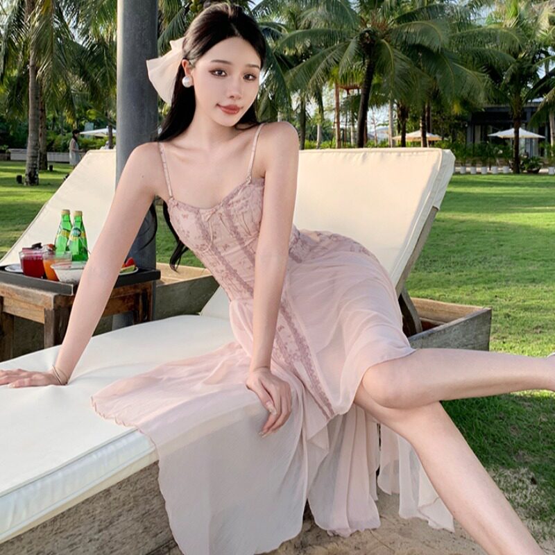 蕾丝拼接雪纺吊带不规则连衣裙夏