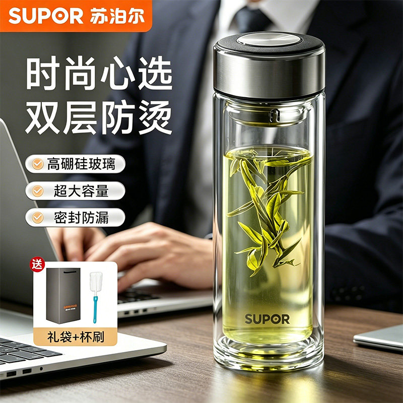 苏泊尔玻璃杯双层隔热防烫男士家用大容量泡茶水杯