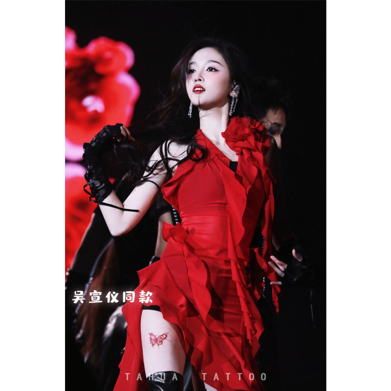 她画吴宣仪演唱会同款红色花与蝴蝶纹身贴音乐节彩色防水女大腿