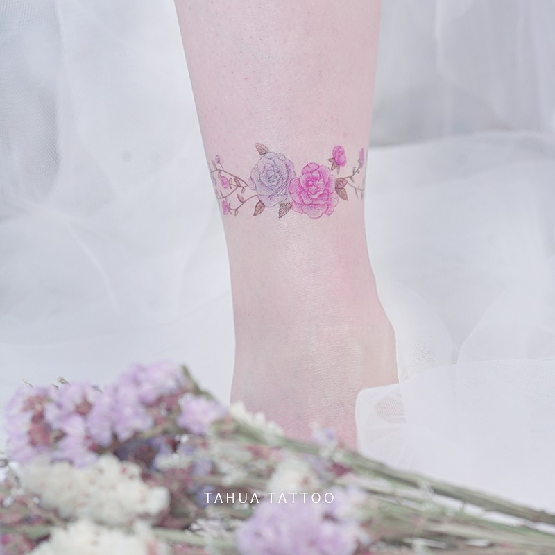 她画 典雅玫瑰臂环 纹身贴花蕾水彩图案蕾丝环绕手腕 防水持久女