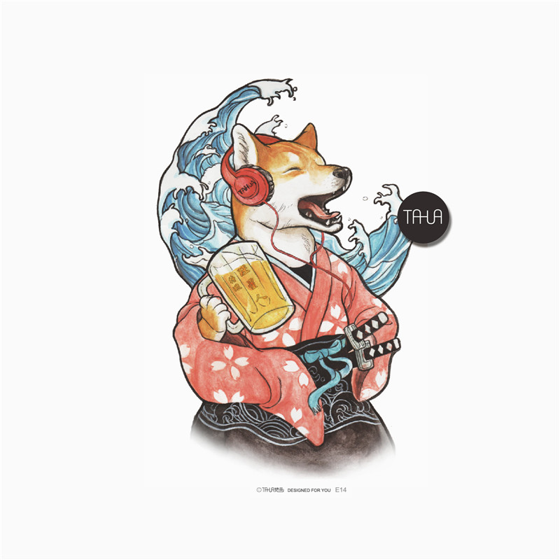 她画 花臂纹身贴 狗狗柴犬狗图案浮世绘少女 防水持久女仿真文身