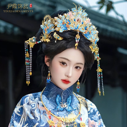 明制汉服头饰凤冠苏绣凤凰头冠中式婚礼新娘结婚发饰品发冠蓝色