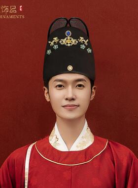 明制新郎官帽男士结婚乌纱帽金龙翼善帽古代明代婚礼男帽原创设计