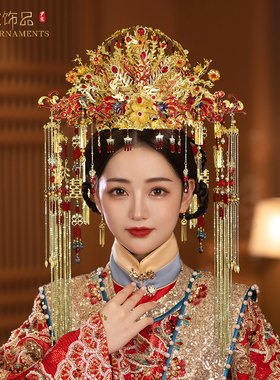 明制汉服婚服头饰中式婚礼新娘凤冠结婚发饰品金红流苏新款手工