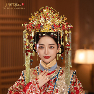 明制汉服婚服头饰中式婚礼新娘凤冠结婚发饰品金红流苏新款手工