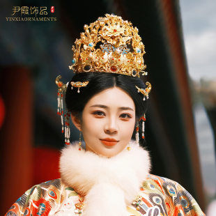 新款汉服发冠明制头饰中式新娘凤冠霞帔结婚发饰品原创手工重工