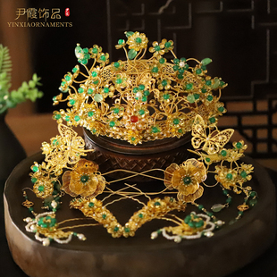 新中式金绿色结婚头饰套装结婚婚纱照拍照写真摄影道具小众饰品