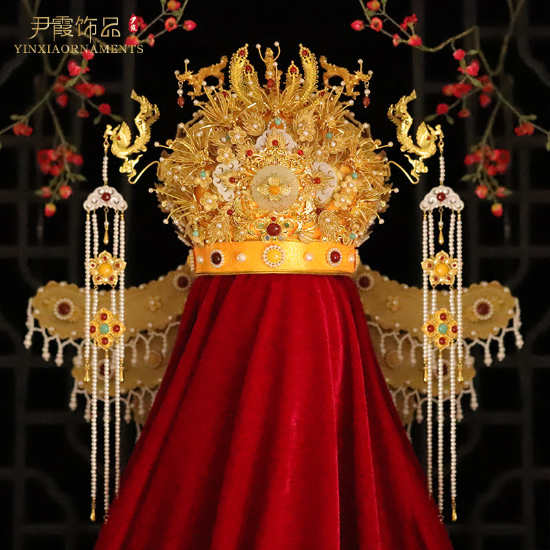 明制婚礼新娘凤冠中式结婚饰品金色大冠古代皇后大婚凤冠霞帔二创