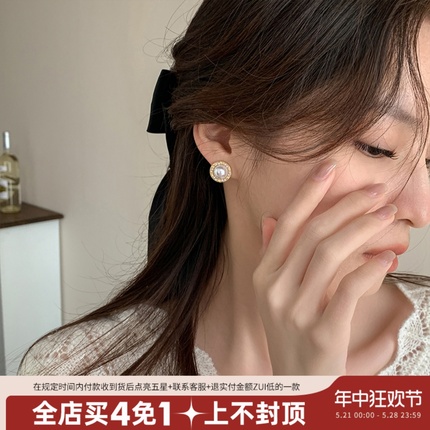 【小奶芙】复古港风珍珠耳环简约气质耳钉无耳洞蚊香盘耳夹女耳饰