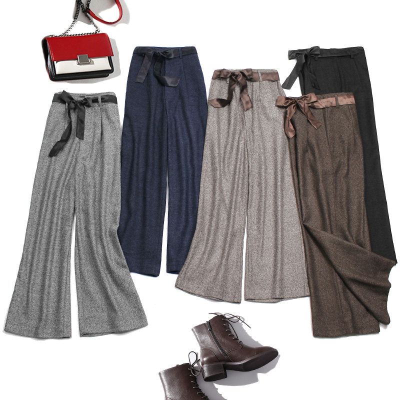 人字纹毛料九分裤阔腿裤高腰阔脚