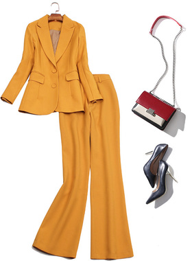 秋装欧美黄色喇叭裤名媛街拍时尚套装女新款气质职业通勤西服360