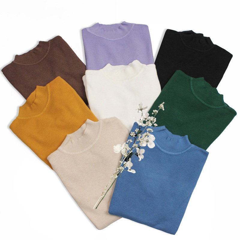 半高领中袖打底衫针织衫春秋新款韩版立领修身套头五分袖毛衣164