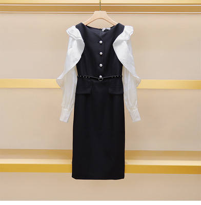 [现货] 恩曼家23秋新款法式简约气质修身荷叶袖黑白拼接V领连衣裙