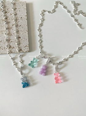 *宋妍霏同款彩色小熊软糖吊坠ins博主童趣可爱项链锁骨链女银扣