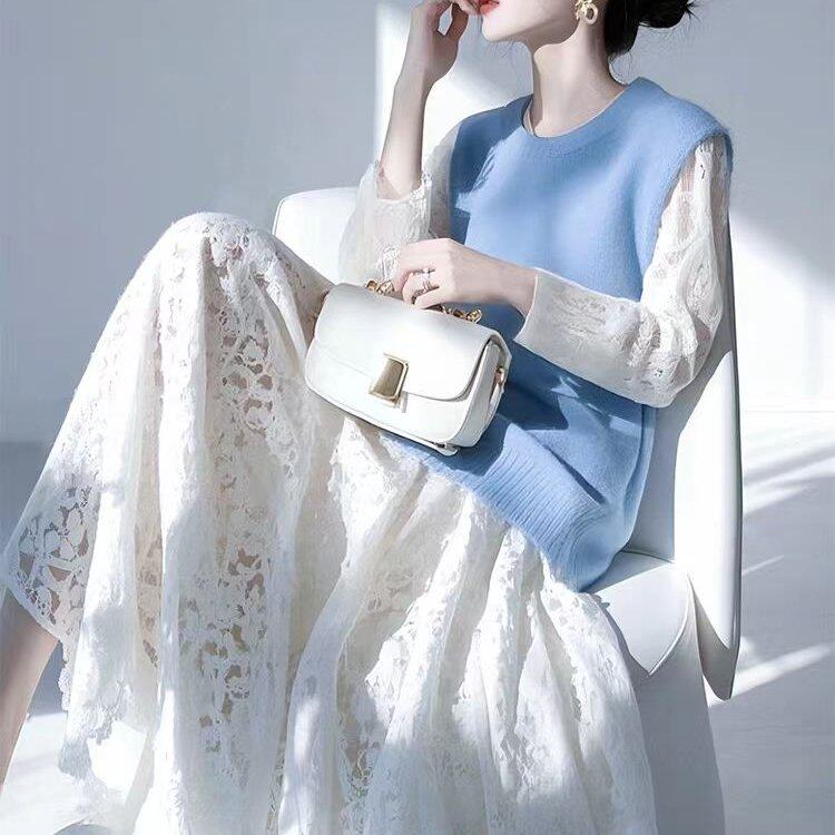 2025早春穿搭一整套时尚女装独特绝美白色蕾丝连衣裙针织马甲套装