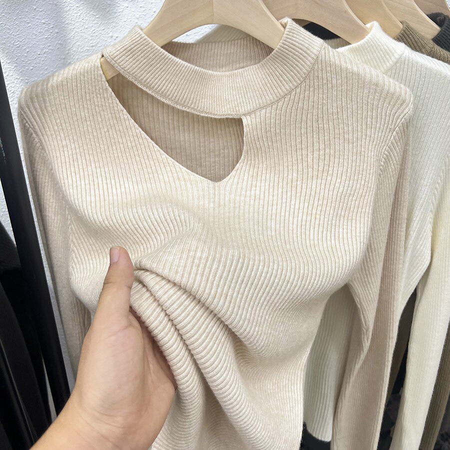 针织打底衫女装秋季2025新款洋气露锁骨紧身上衣内搭时尚心机毛衣