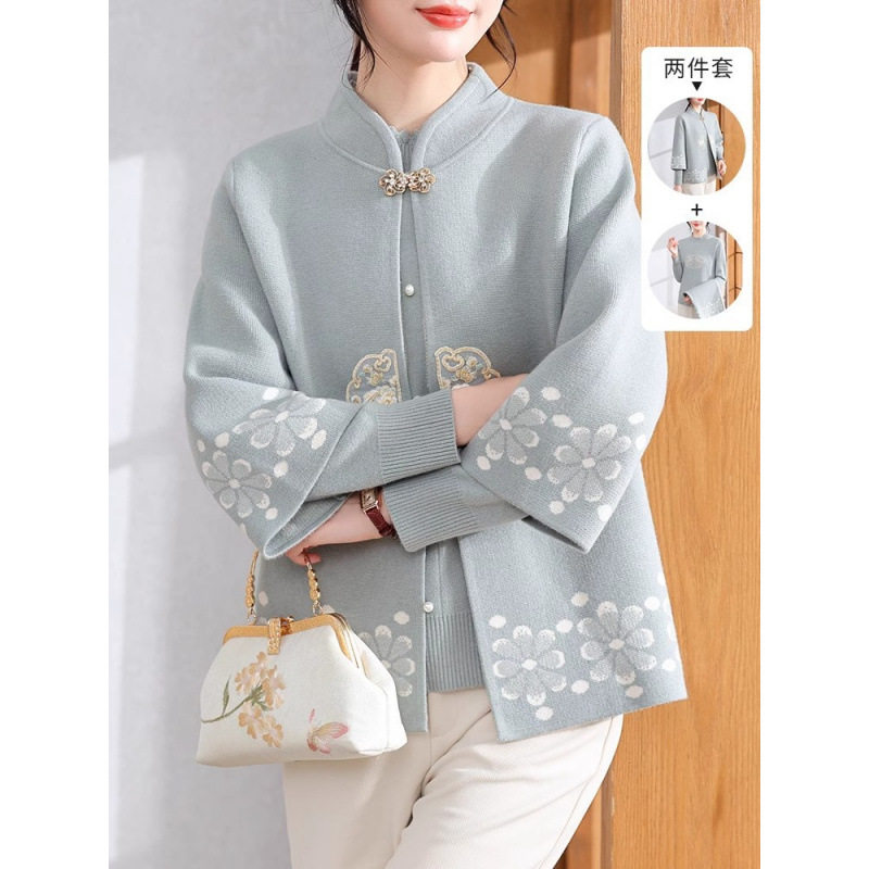 中老年时尚国风毛衣新中式两件套中年上衣妈妈春装短外套针织衫,女装/女士精品,中老年女装,淘宝优惠券,粉丝福利购,淘宝优惠卷