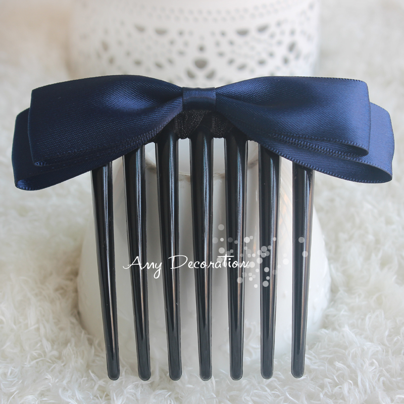 韩版简约发梳插梳职业头花蓝色缎带花朵七齿发梳发插盘发头饰发饰