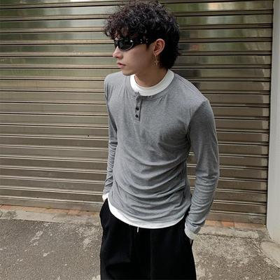 Addressunknown小众设计感亨利领假两件长袖T恤男宽松百搭打底衫