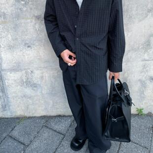 Addressunknown痞帅黑色暗格高级质感宽松开襟长袖禁欲衬衫
