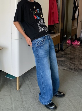 Addressunknown高级感丹宁蓝美式vieb风宽松简约拖地直筒牛仔长裤