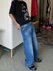 Addressunknown高级感丹宁蓝美式vieb风宽松简约拖地直筒牛仔长裤