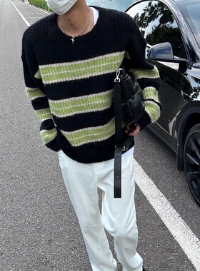 Addressunknown复古潮牌圆领条纹宽松休闲海马毛套头长袖针织毛衣