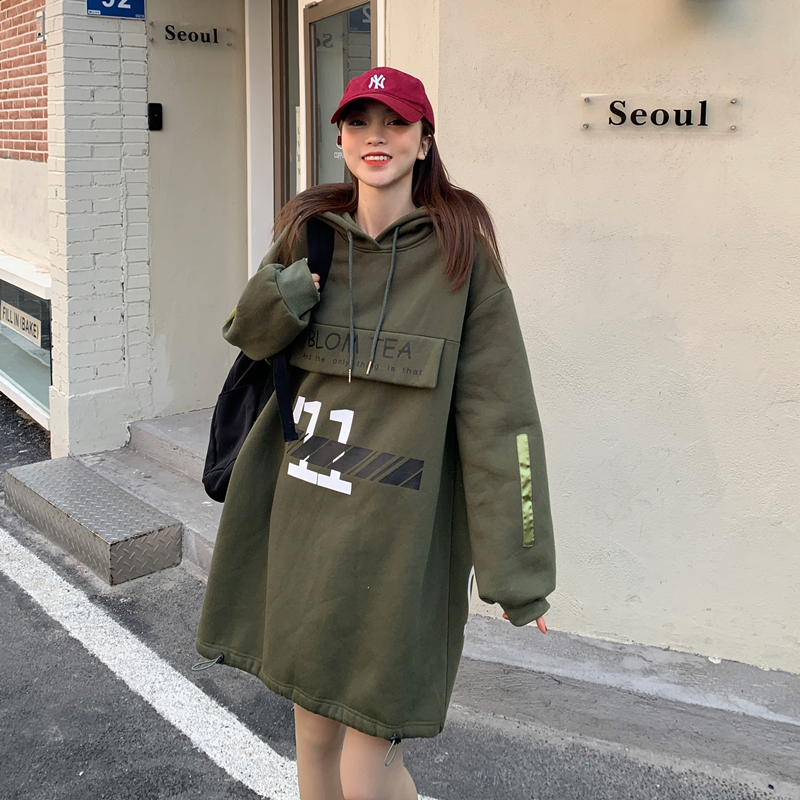 Real price ~ medium length sweater with velvet hooded design dress for women