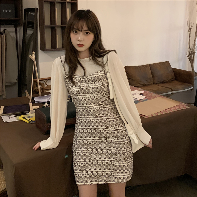 Real price ~ diamond lattice suspender dress + puff sleeve shirt