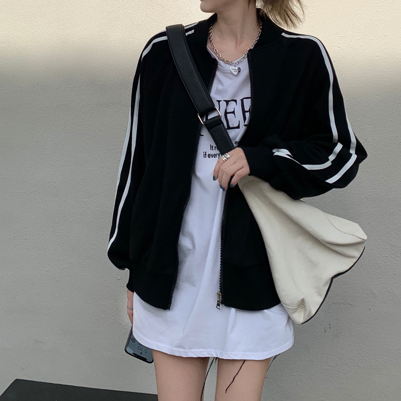 Real price ~ women's Tuanfeng loose fitting sweater stand collar short coat + versatile white short sleeve T-shirt