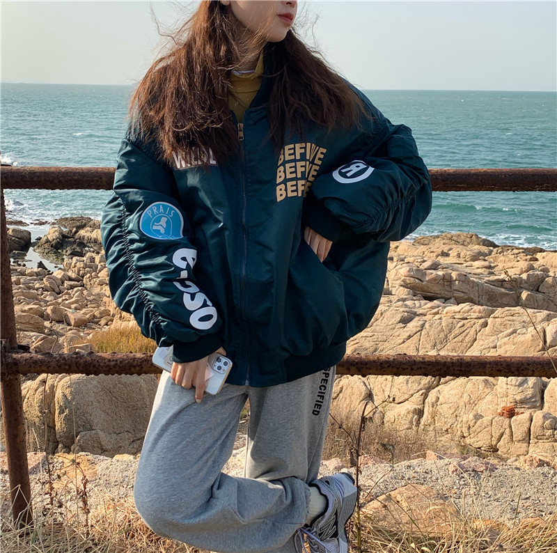 Real shot real price ~ ins loose design sleeve drawstring heavy cotton jacket Baseball Jacket