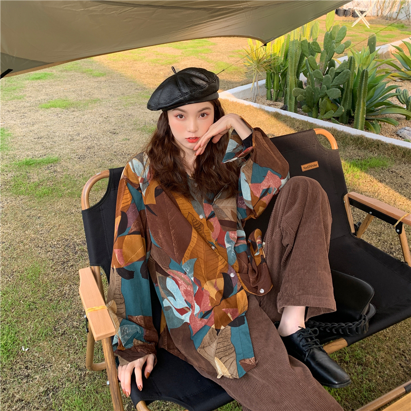 實拍實價復古款楓葉碎花長袖襯衫