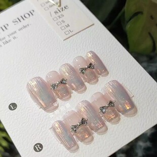 504手工穿戴甲定制落日极光布拉提契蝴蝶结新娘美甲成品假指甲片