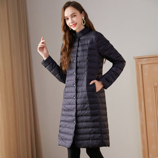 时尚立领轻薄羽绒服女中长款2025秋冬新款纯色修身保暖白鸭绒外套