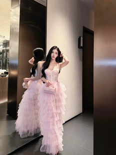 LOCK KK温柔千金公主淡粉色抽皱荷叶边蛋糕长裙半身裙