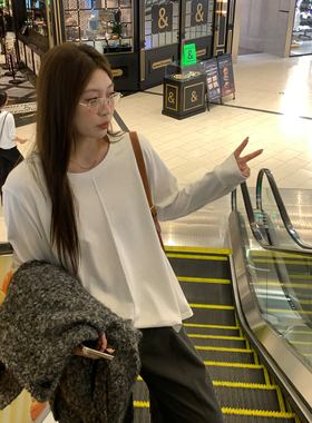 NAZ那子大码秋冬100棉宽松白色长袖休闲上衣胖妹妹百搭慵懒风T恤