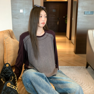 NAZ那子大码 拼接设计感休闲复古T恤 天丝羊毛撞色明线上衣胖mm长袖