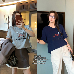 宽松设计感上衣 NAZ那子大码 夏季 新款 卡通猫咪刺绣洋气T恤胖mm短袖