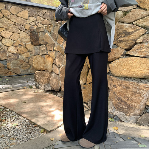 NAZ那子大码冬季开叉短裙假两件微喇裤胖mm高腰显瘦韩系慵懒裤子