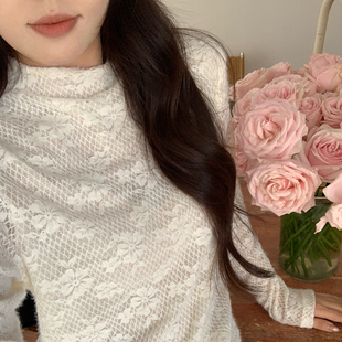 胖mm法式 绒感网格提花蕾丝打底衫 洋气内搭上衣女 冬装 NAZ那子大码