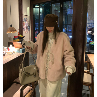 国风皮毛一体胖mm复古女盘扣外套 小母貂毛新中式 NAZ那子大码 冬季