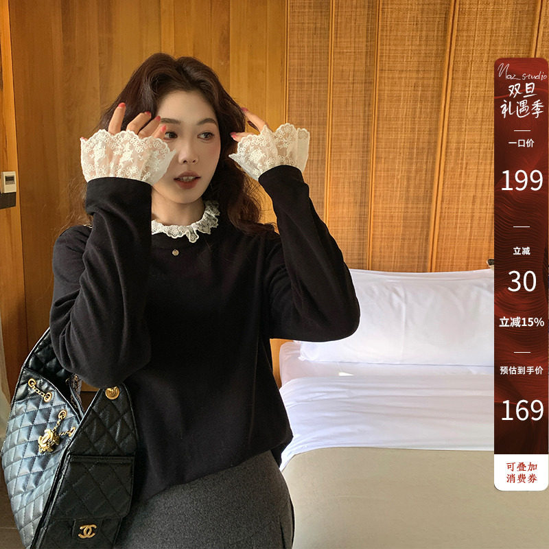 NAZ那子大码冬装灯芯绒双面保暖蕾丝拼接法式打底衫胖mm洋气上衣