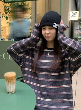 NAZ那子大码冬季毛感撞色条纹长袖T恤胖mm宽松休闲时尚复古上衣